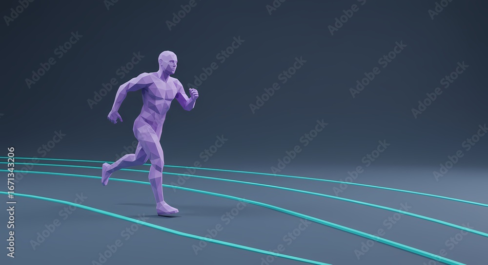 Poster 3d modeled human figure running on abstract background with lines