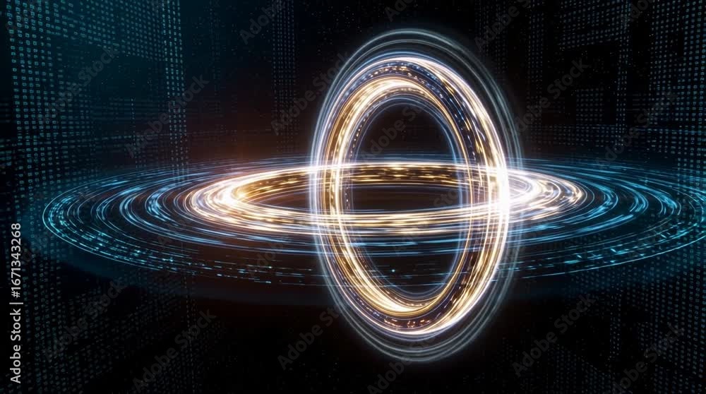 Poster dynamic glowing ring orbits with digital data stream perfect for tech innovation concepts