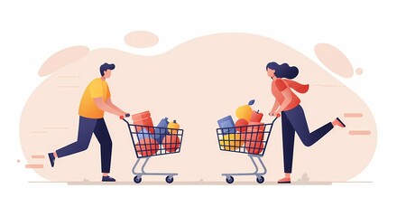 Young couple racing with grocery carts in a colorful supermarket scene  