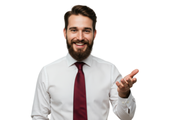 Isolated cheerful male entrepreneur presenting with open hand in shirt and tie, ready to work