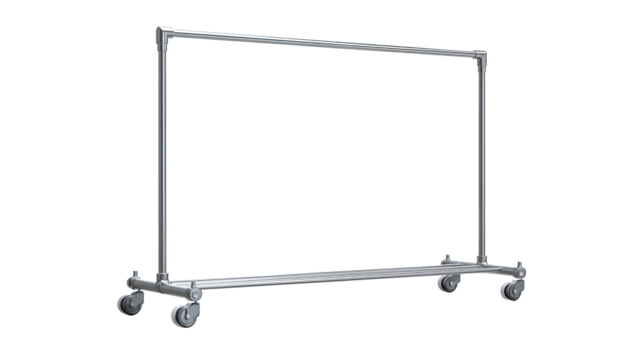 Clothing rack on wheels with precise welds and minimalist construction, durable and brandless design, isolated on transparent background.
