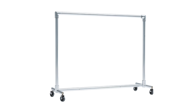 Clothing rack on wheels with precise welds and minimalist construction, durable and brandless design, isolated on transparent background.

