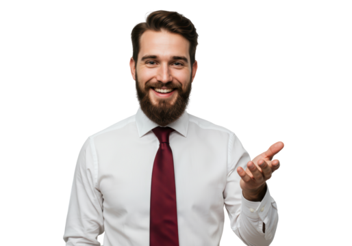 Isolated cheerful male entrepreneur presenting with open hand in shirt and tie, ready to work