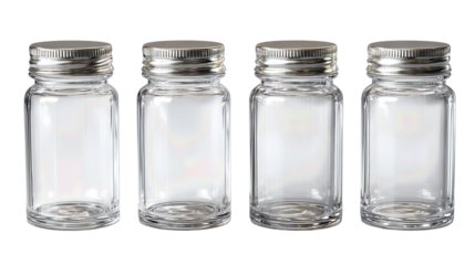 Set of four clear spice jars with plain screw caps, identical cylindrical form without labels, isolated on transparent background.

