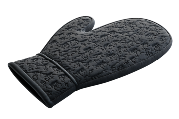 Silicone oven mitt with textured anti-slip palm pattern and matte finish, slightly curved form to show volume, isolated on transparent background.
