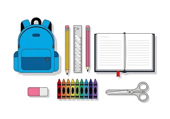 Top view flat lay of colorful educational tools and art supplies for back to school learning and creativity