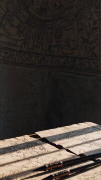 Calligraphy pens are lying on an old map illuminated by sunlight, with an ornate background adding a touch of antiquity and mystery to the scene