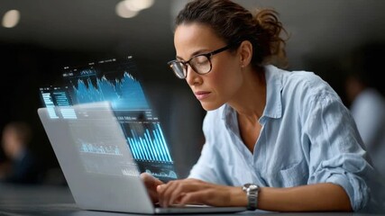 Analyzing Data: A focused woman navigates intricate digital interfaces on a laptop, immersed in a world of data analysis and technological innovation.  - Powered by Adobe