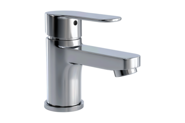 Single-handle faucet with satin metal finish and integrated lever, seamless body design for a clean look, isolated on transparent background.
