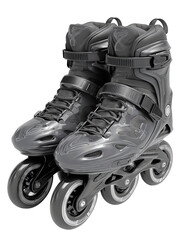 Pair of inline skates with hard-shell boots, plain wheels, and clean buckles, arranged heel-to-toe, isolated on transparent background.
