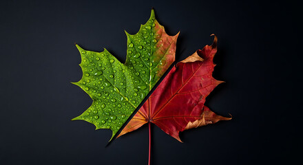 A Tale of Two Seasons - A Single Maple Leaf Divided Between Verdant Summer and Crimson Autumn.