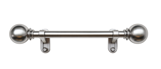 Telescopic curtain rod with satin finish and spherical finials, complete with centered mounting brackets, isolated on transparent background.
