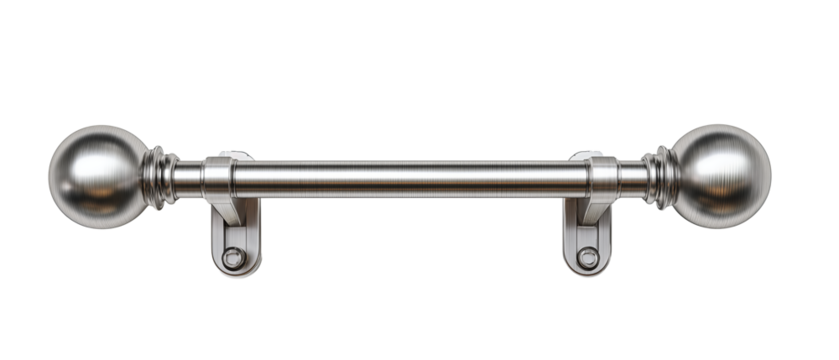Telescopic curtain rod with satin finish and spherical finials, complete with centered mounting brackets, isolated on transparent background.
