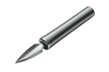 Straight vegetable peeler with centered blade, satin metal finish, and smooth matte handle, isolated on transparent background.
