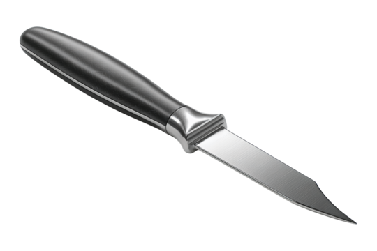 Straight vegetable peeler with centered blade, satin metal finish, and smooth matte handle, isolated on transparent background.
