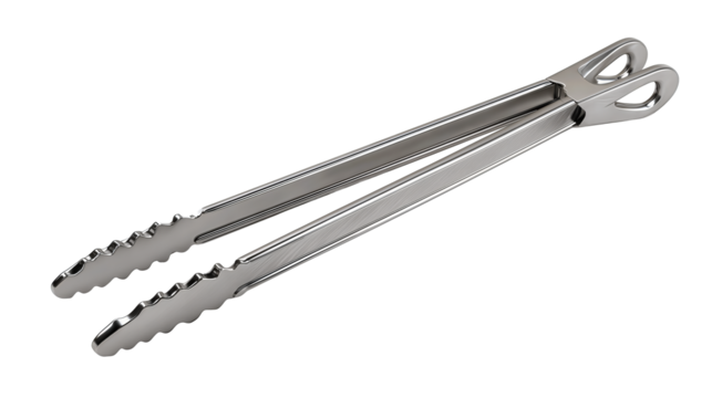 Stainless steel kitchen tongs with scalloped tips and simple locking ring, satin finish with clean detailing, isolated on transparent background.
