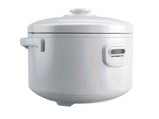 Compact rice cooker with smooth lid, matte body, and unlit indicator window, designed with clean handle and vent, isolated on transparent background. 