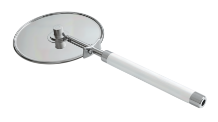 Pizza cutter with single satin-finished wheel, straight handle, and protective guard, clean simple design, isolated on transparent background.
