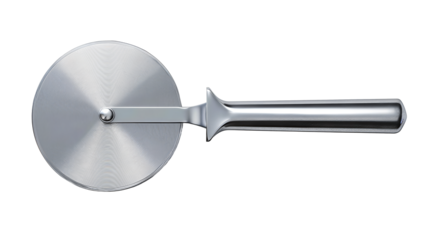 Pizza cutter with single satin-finished wheel, straight handle, and protective guard, clean simple design, isolated on transparent background.
