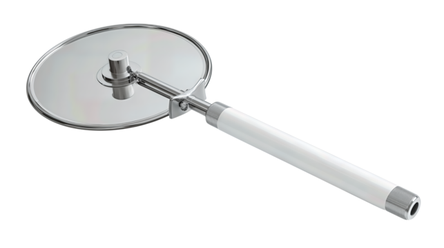 Pizza cutter with single satin-finished wheel, straight handle, and protective guard, clean simple design, isolated on transparent background.
