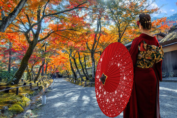 Japanese Woman in Traditional Kimono Dress at Hogon-in Temple with beautiful foliage in autumn in...
