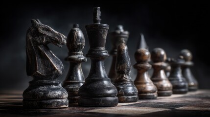 Fototapeta premium Chess Pieces on a Dark Chessboard with Dramatic Lighting.