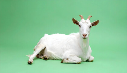 Fototapeta premium White Goat Lying on Green Background