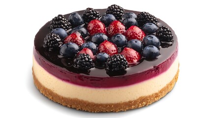 Elegant berry cheesecake with creamy filling and graham crust for food blog menu advertisement and recipe promotion topped blueberries blackberries strawberries in white background concept
