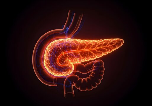 Detailed 3D rendering of the human pancreas and surrounding organs on black.