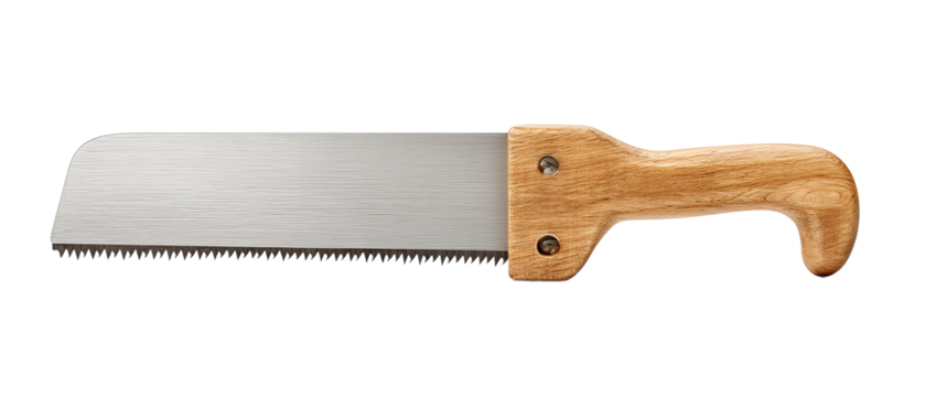 Carpenter’s hand saw with straight satin blade and plain wooden grip, clean tooth line and minimal glare, isolated on transparent background.
