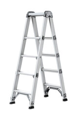 Folding aluminum ladder in A-frame position, mid-height with matte anodized rails and clean end caps, isolated on transparent background.
