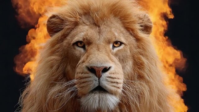 Majestic Lion in Flames: A striking portrait of a lion, framed by the fiery embrace of flames, captures a sense of power, courage, and indomitable spirit.