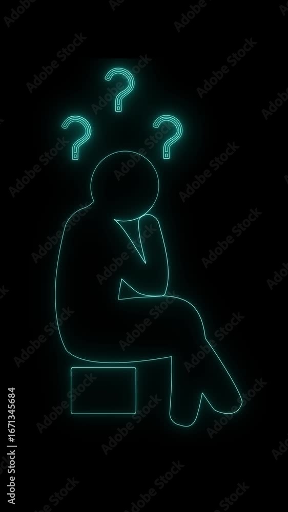 Aufkleber man in thought surrounded by glowing question signs vertical video. thinking process illustrated wit