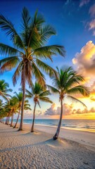 Fototapeta premium Beach with palm trees and white sand at sunrise