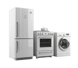 Obraz premium White kitchen appliances, refrigerator, stove, and washing machine