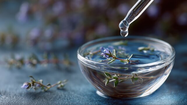 Droplet of essential oil gracefully lands in a bowl of water with thyme leaves - Powered by Adobe