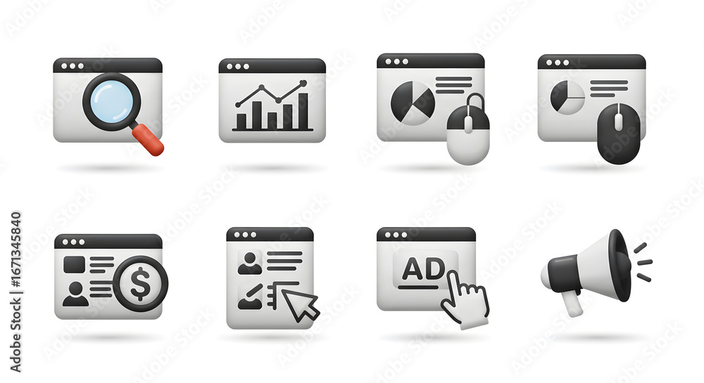 Poster visualizing digital strategy and online growth with a set of 3d business icons. elements for analyti