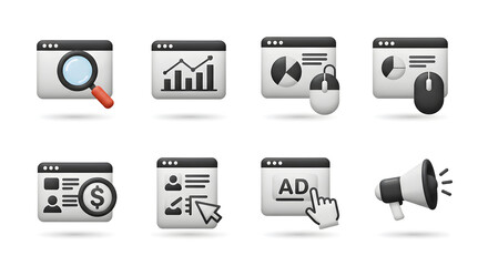 Visualizing digital strategy and online growth with a set of 3D business icons. Elements for analytics, advertising, research, and e-commerce on a white background