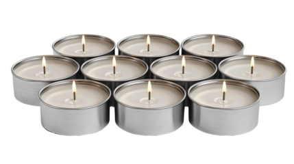 Set of tealight candles in small metal cups, arranged neatly in a grid with centered flat wicks, isolated on transparent background.
