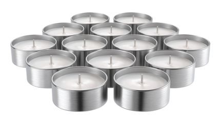 Set of tealight candles in small metal cups, arranged neatly in a grid with centered flat wicks, isolated on transparent background.
