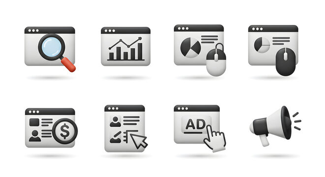 Visualizing digital strategy and online growth with a set of 3D business icons. Elements for analytics, advertising, research, and e-commerce on a white background
