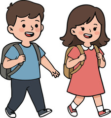 Cartoon Brother and Sister Walking Together Flat Vector Design