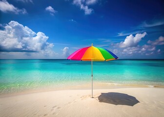 A colorful beach umbrella stands alone on a sandy surface with turquoise waters in the background