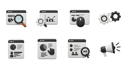 A comprehensive collection of 3D icons for digital marketing, illustrating SEO, data analytics, and online advertising strategies