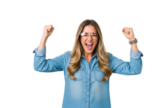 Excited young woman with arms raised and fists clenched in celebration, isolated on transparent background