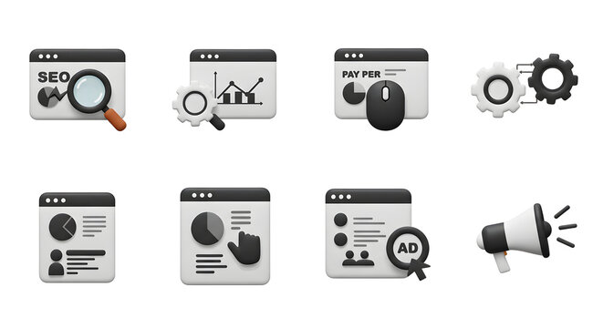 A comprehensive collection of 3D icons for digital marketing, illustrating SEO, data analytics, and online advertising strategies