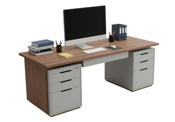 Isolated desk with computer monitor, stationery, folders, books for home or office