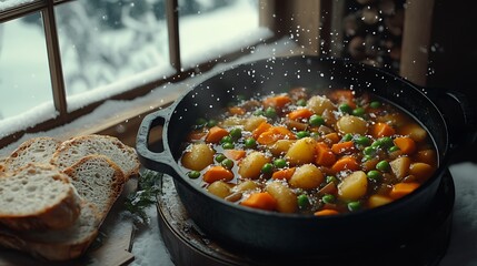 Cast iron pot with vegetable stew potatoes carrots and peas for culinary blog winter promotion and homestyle recipe feature in cozy setting with falling seasoning flakes concept