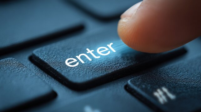 Finger pressing the 'Enter' key on a laptop