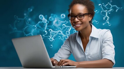 Smart Researcher at Work: A smiling scientist focuses intently on her laptop, her face illuminated by the screen's glow, while engaging with scientific research and innovative solutions. - Powered by Adobe